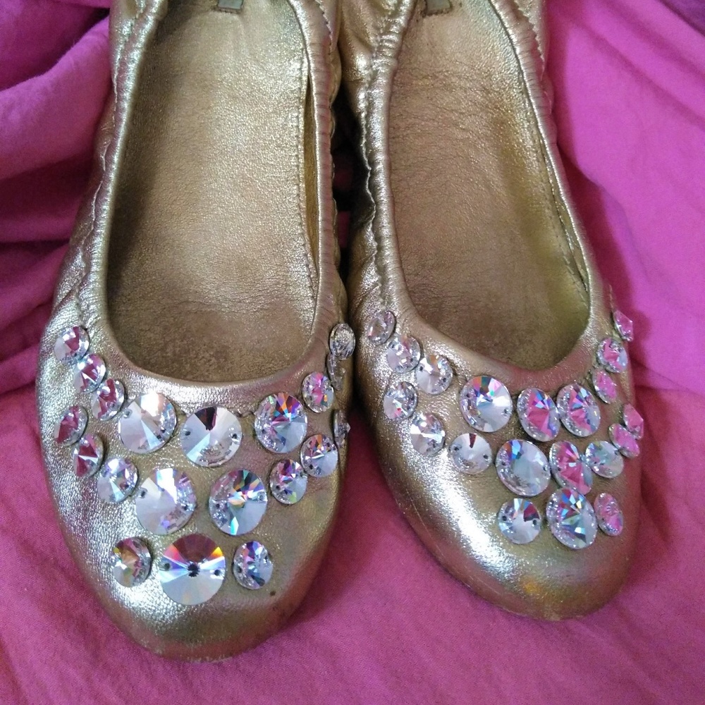 MIU MIU gold leather embellished ballet flats shoe